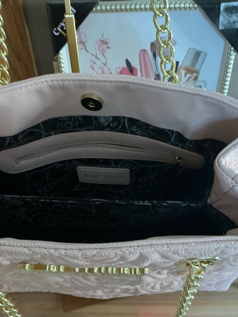 Betsey Johnson Blush Quilted Rose Embossed Shoulder Bag with Gold Chain - Picture 11 of 16